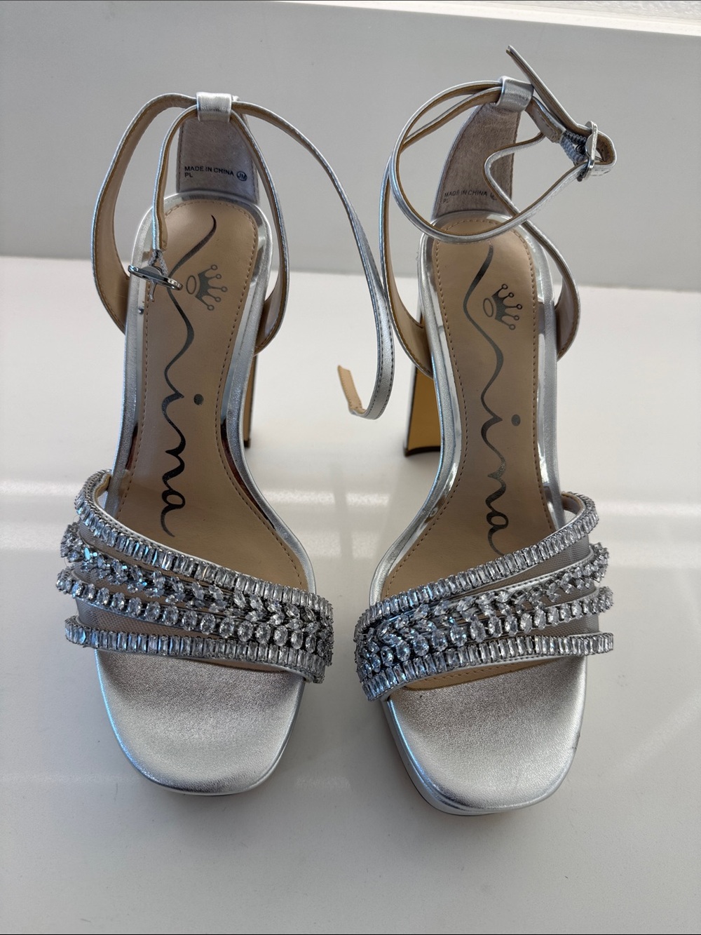 Nina Silver Crystal-Strap Ankle Wrap Heels